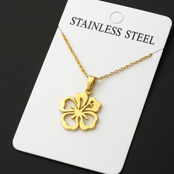 Stainless Steal Jewelry - Tropical Hibiscus Necklace in Stainless Steel